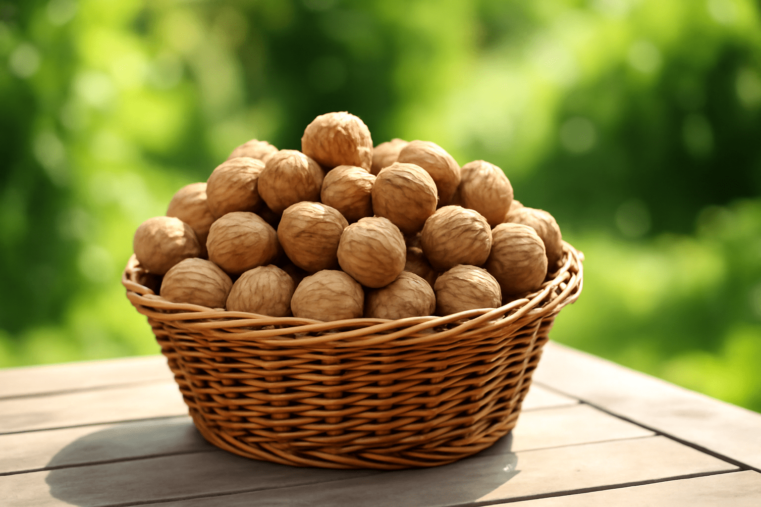 "Freshly harvested walnuts in a basket on a garden table, symbolizing the rewards of growing walnut trees."