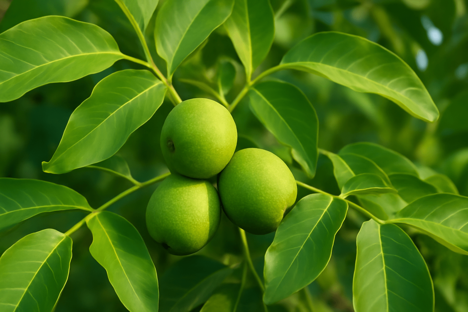 "Close-up of walnut tree branches with leaves and ripe walnuts."
