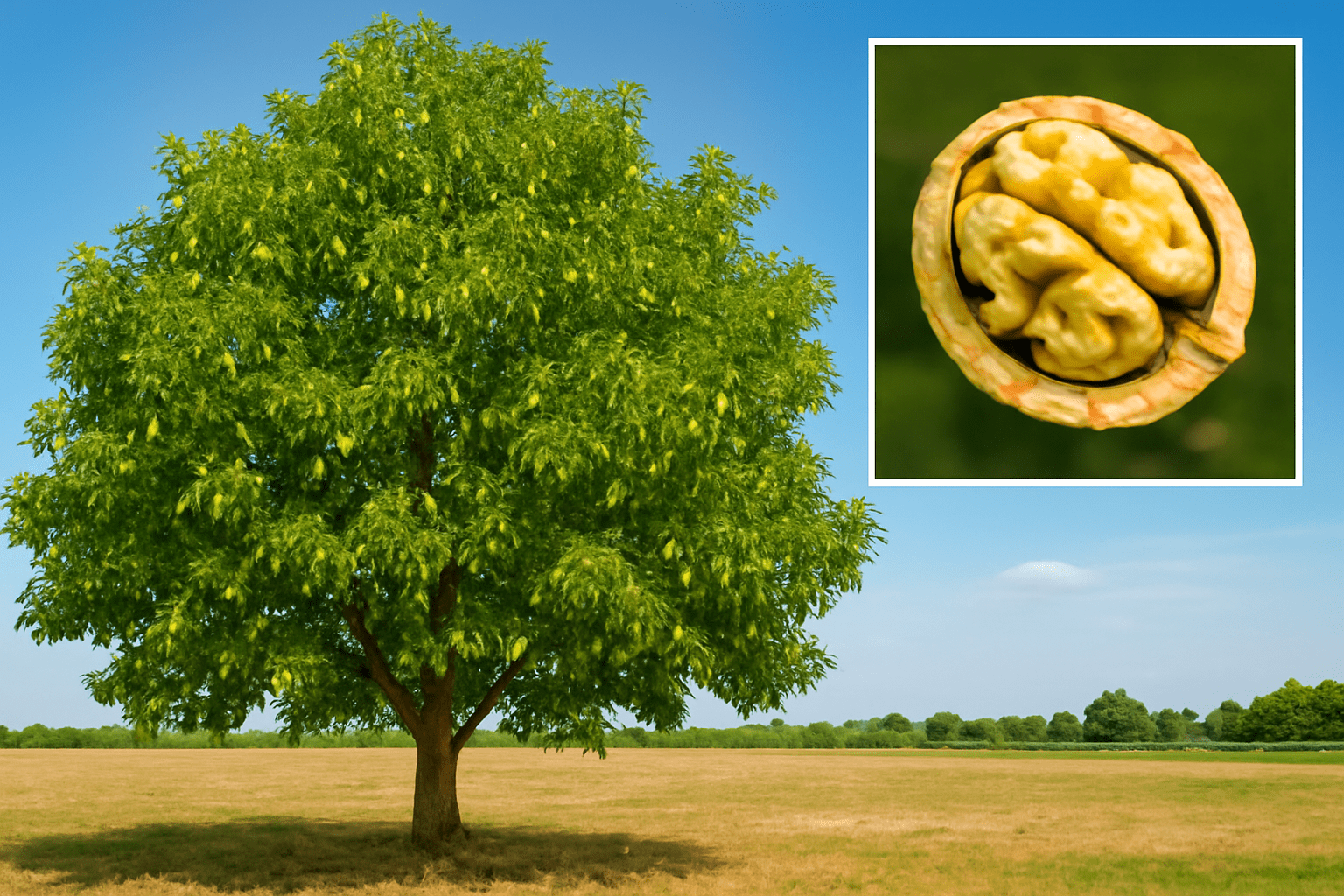 "Majestic Chandler walnut tree with wide canopy and inset of cracked walnut, showcasing high yield and quality."