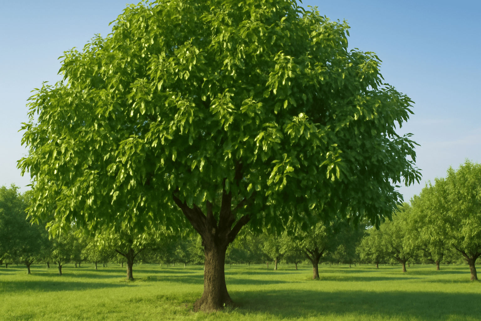 "Walnut tree in an orchard with visible nuts and healthy leaves"