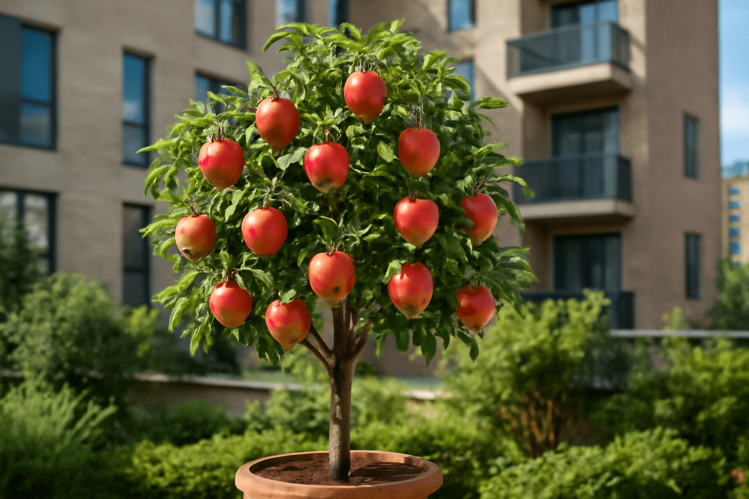 "Compact dwarf apple tree growing in a small urban balcony garden, perfect for limited spaces."