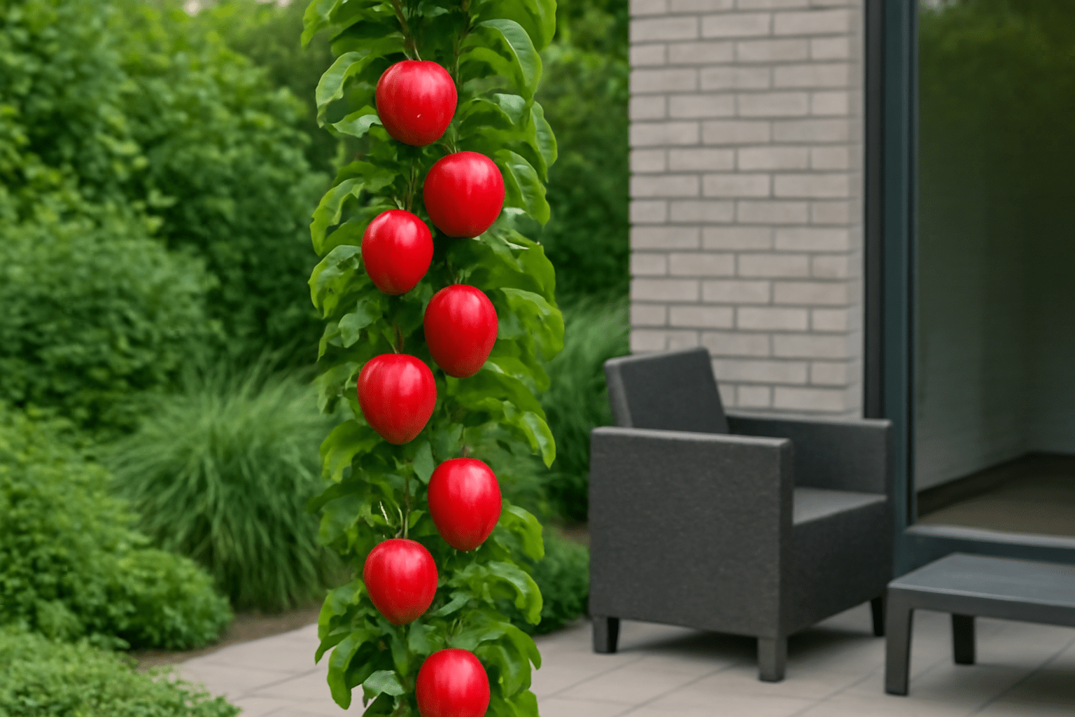 "Columnar apple tree with a compact vertical growth in a small garden, showing ripe apples."