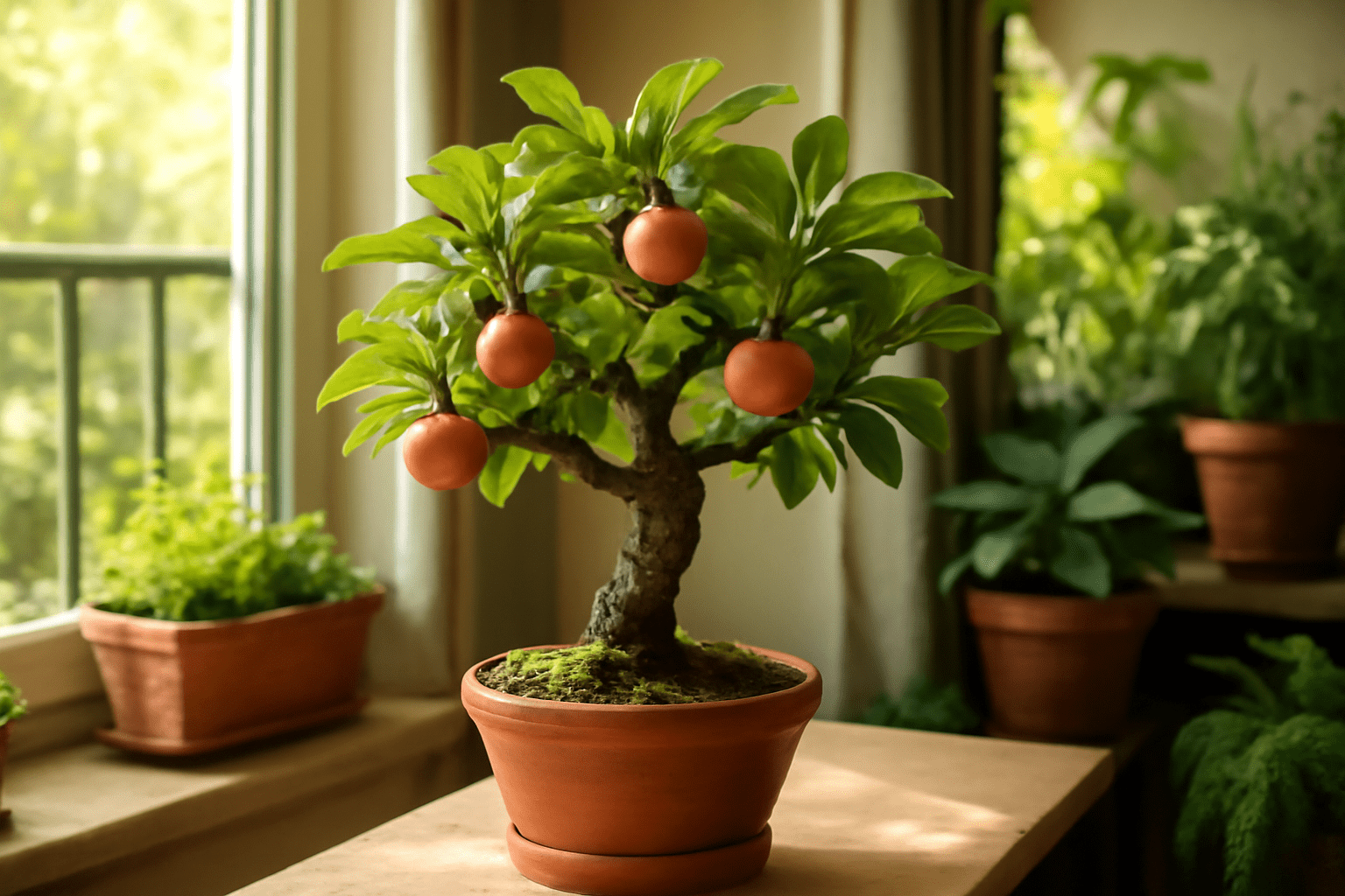 "Bonsai apple tree growing in a compact pot on a windowsill, perfect for small spaces."
