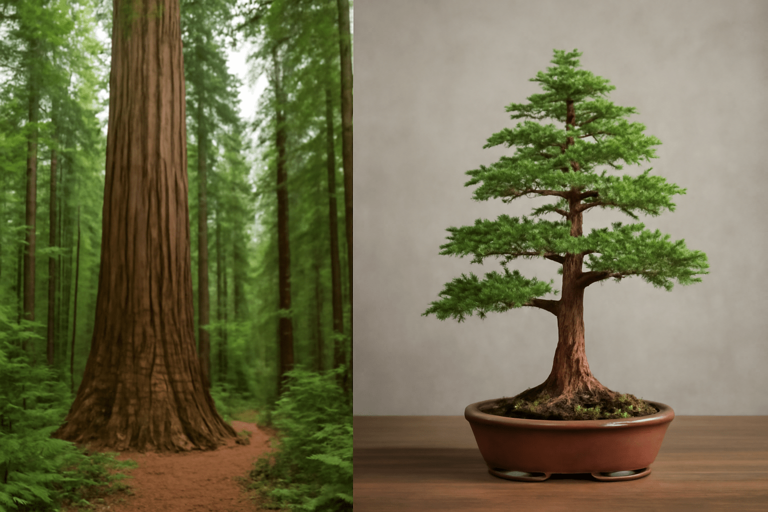A giant redwood tree on the left stands majestically in a lush forest, while on the right, a small bonsai tree in a pot mirrors its form.