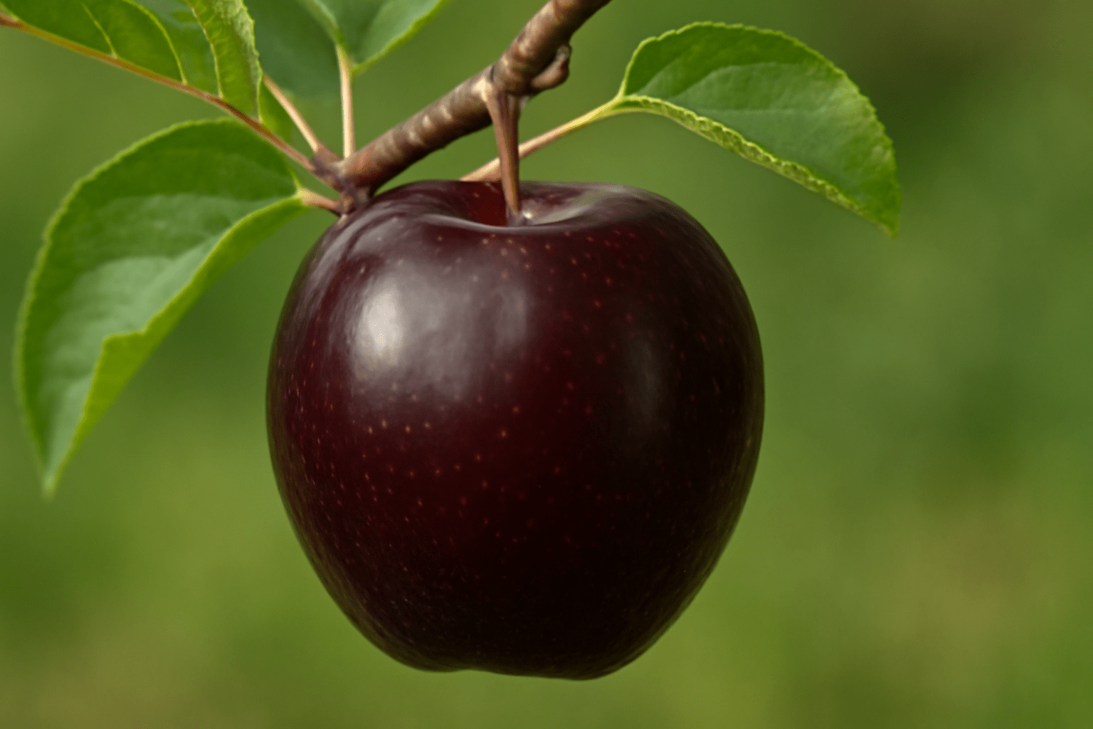 "Close-up of an Arkansas Black apple with its distinctive dark color, highlighting its tart yet sweet flavor."