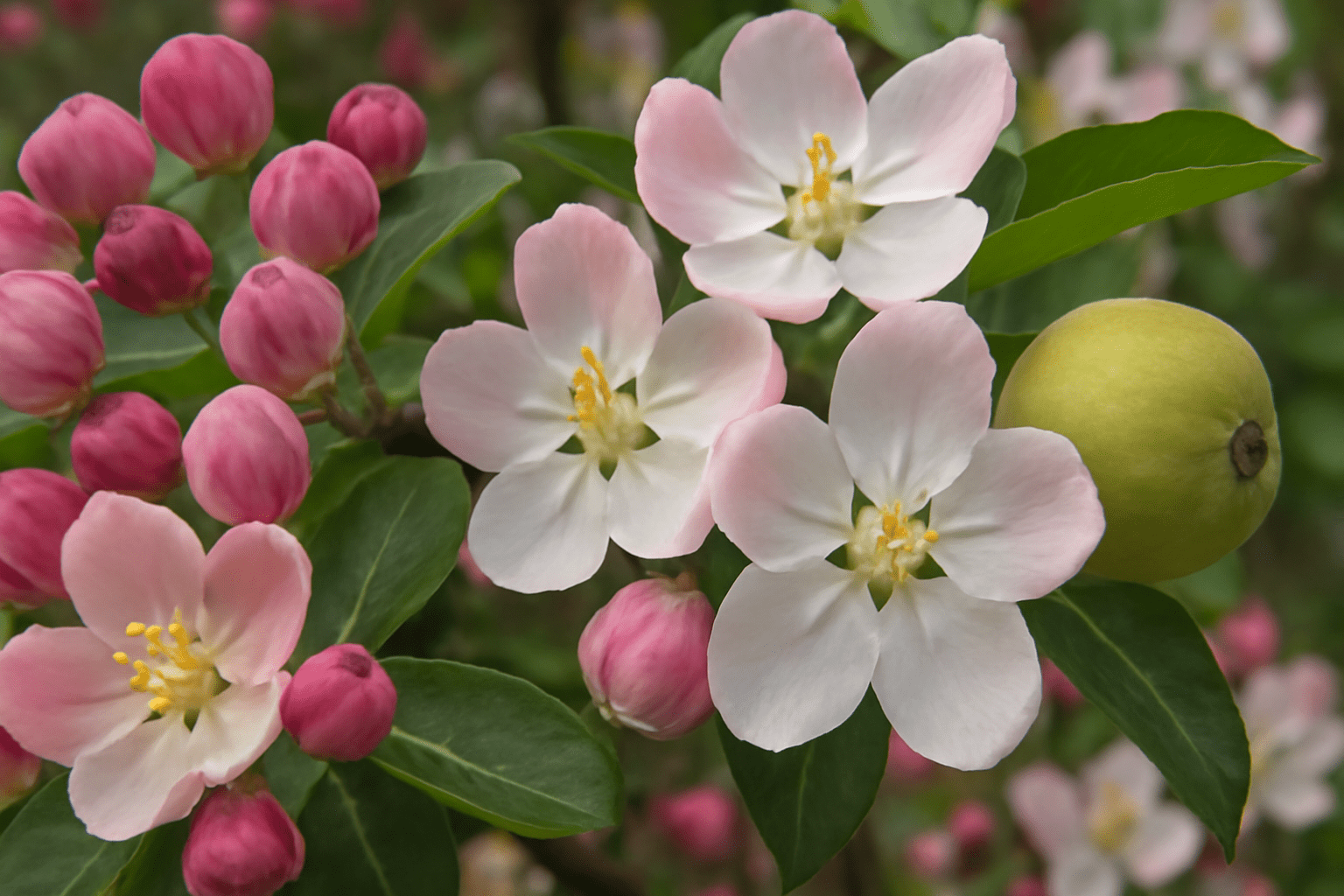 "Close-up of flowering apple tree with ornamental blossoms and fruit-bearing flowers in pink and white."