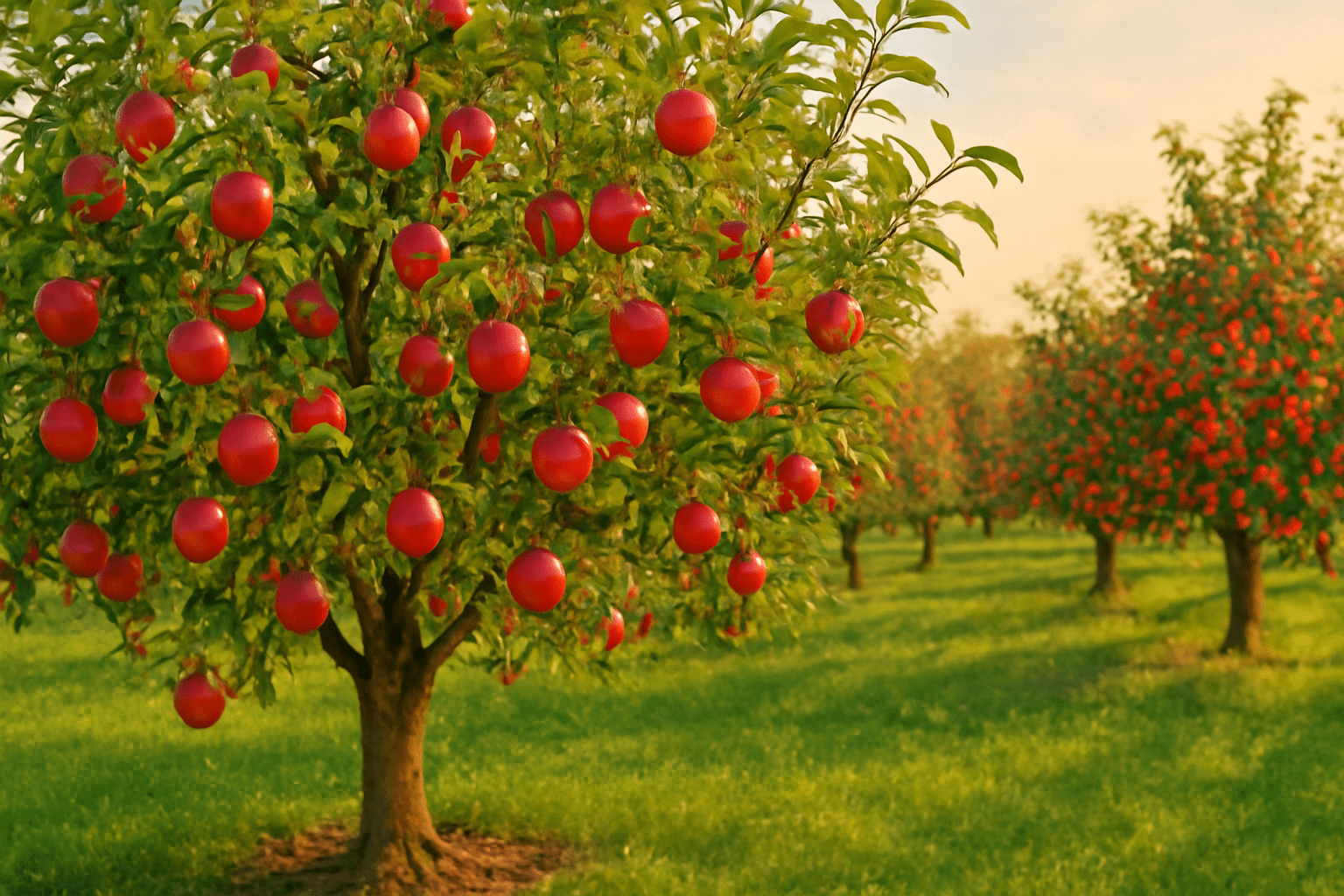 "Beautiful paradise apple orchard with ripened apples under the sun in a thriving garden."