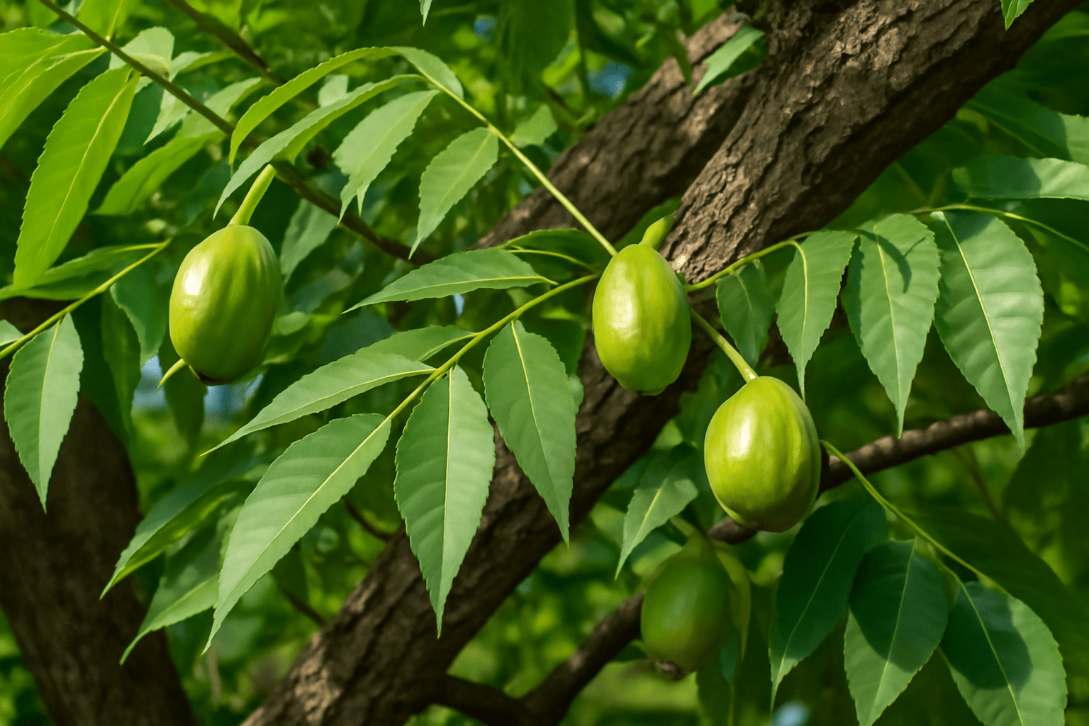 "Close-up of hickory tree branches with nuts hanging, showcasing seed-bearing branches."