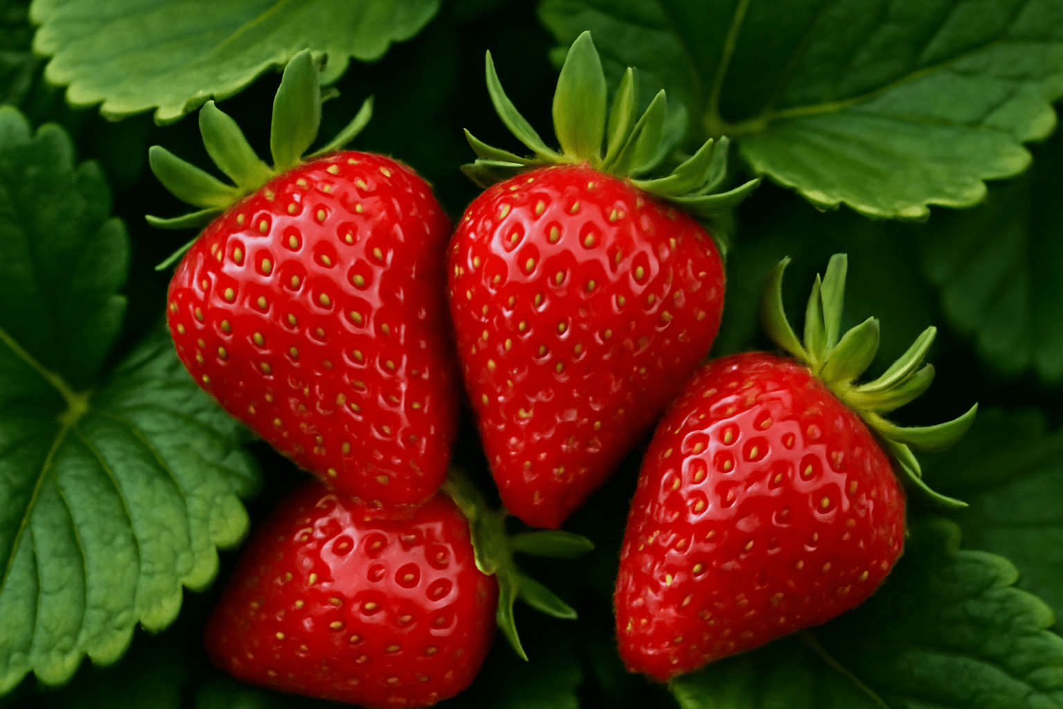 Four ripe, red strawberries with green leaves are nestled among vibrant, dark green strawberry leaves, conveying freshness and natural abundance.