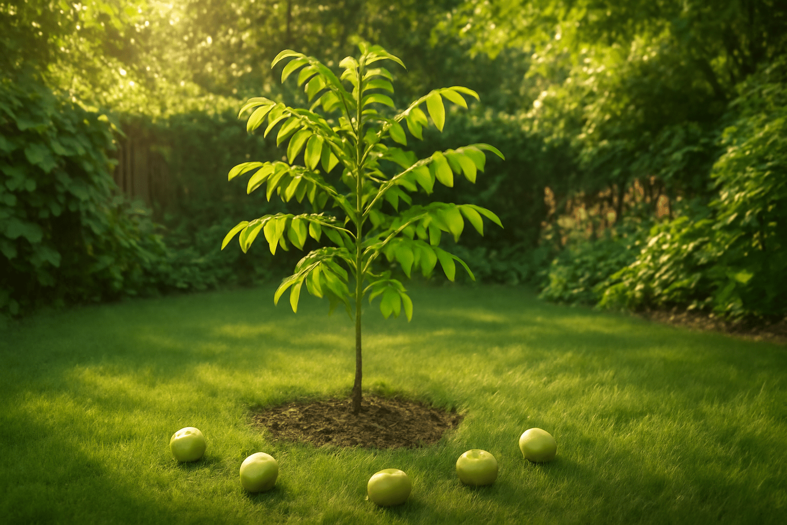 “Scenic backyard with newly planted hickory tree and fallen nuts, ready for growth.”