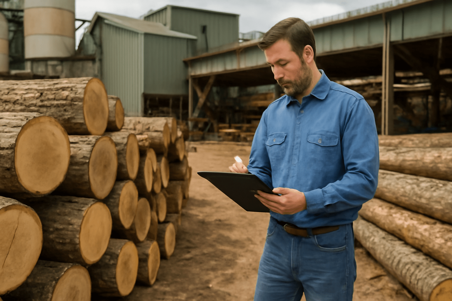 "Timber mill with hickory logs being inspected by a buyer."