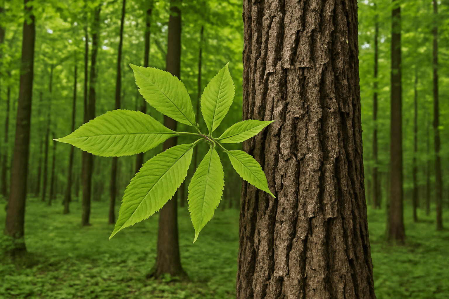 "A peaceful Michigan forest with a hickory tree, showcasing its unique leaves and bark."