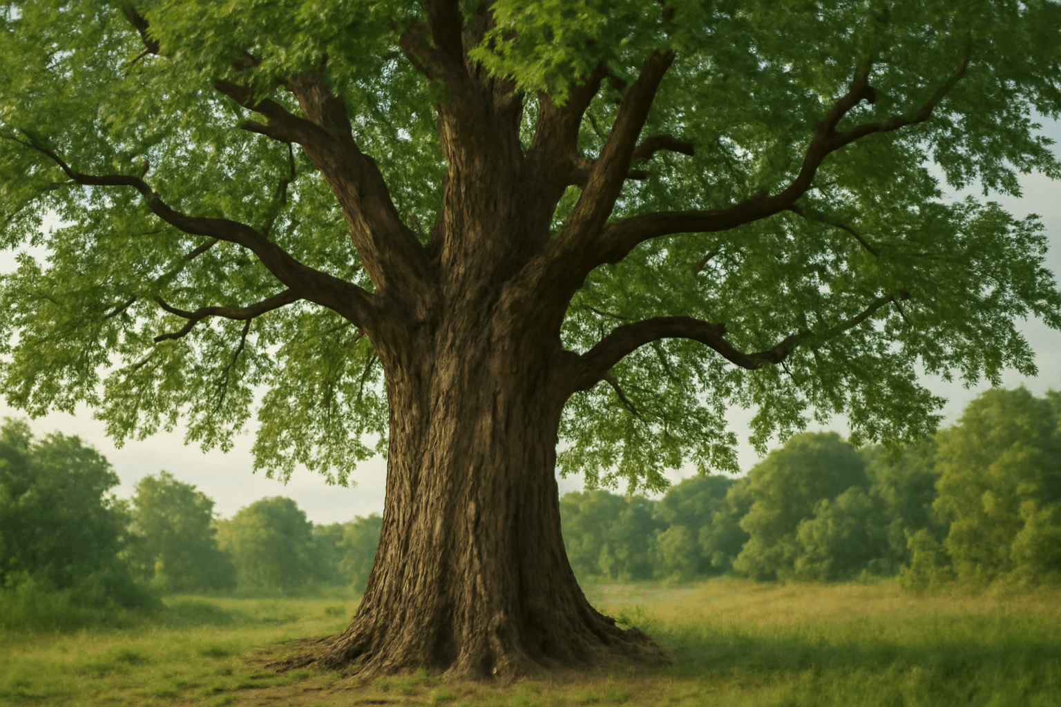 "Old hickory tree with rough bark and large canopy in a natural outdoor setting."