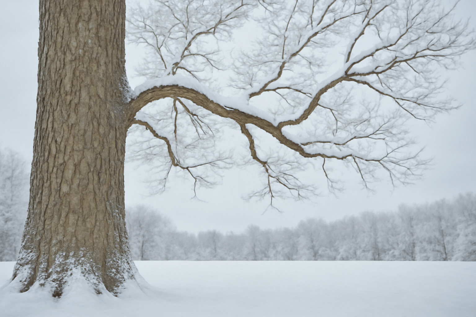 "Hickory tree in snowy landscape with rugged bark and large branches."