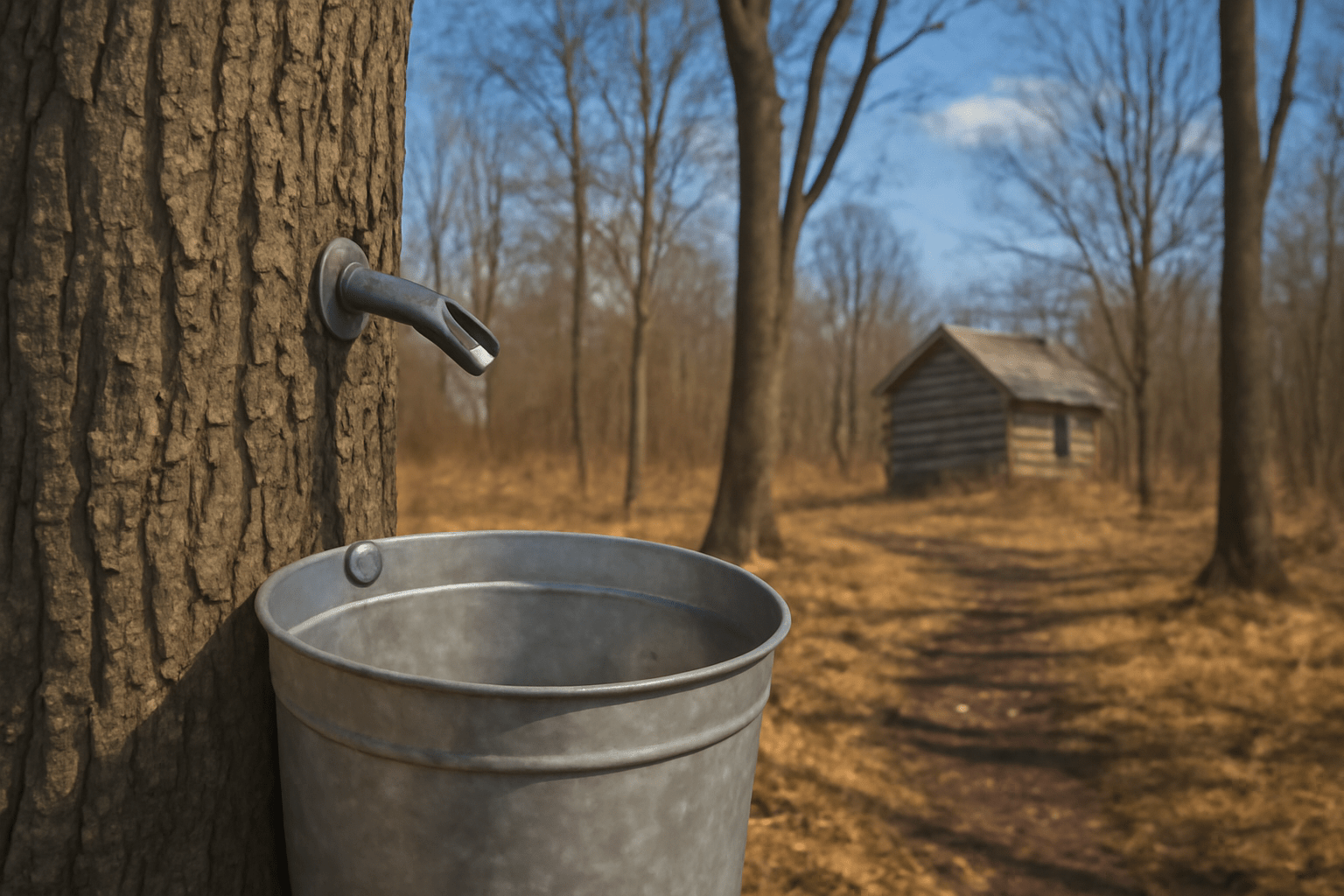 "Hickory tree tapped for syrup with a collection bucket under clear winter skies."