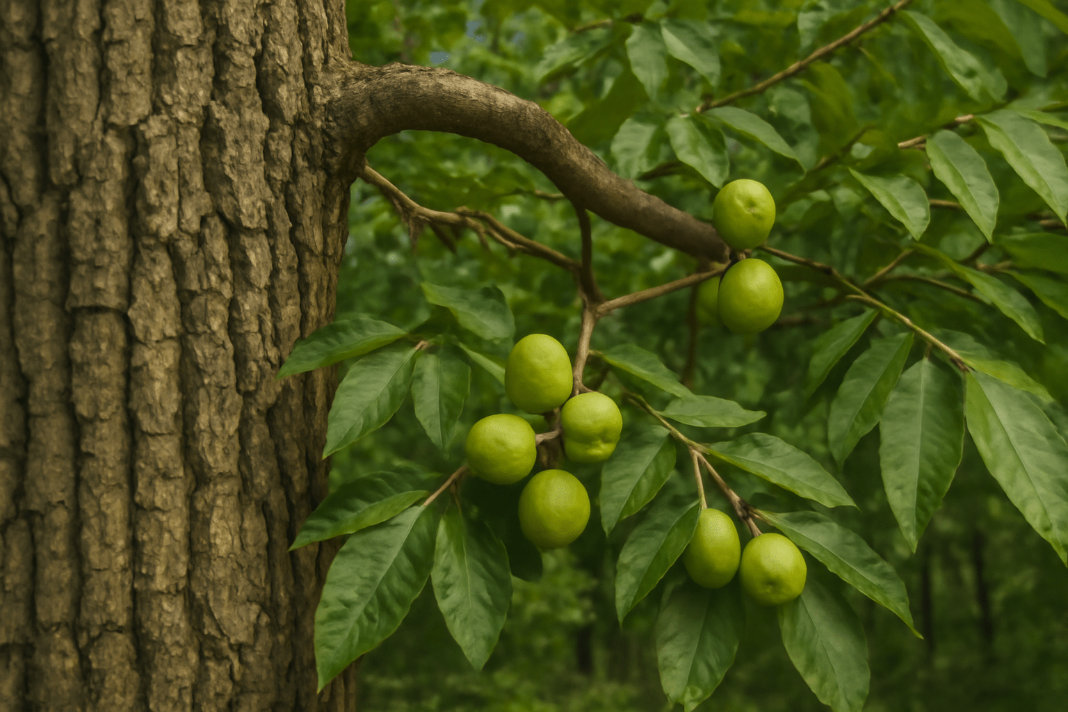 "Close-up of a hickory tree with nuts in the branches."