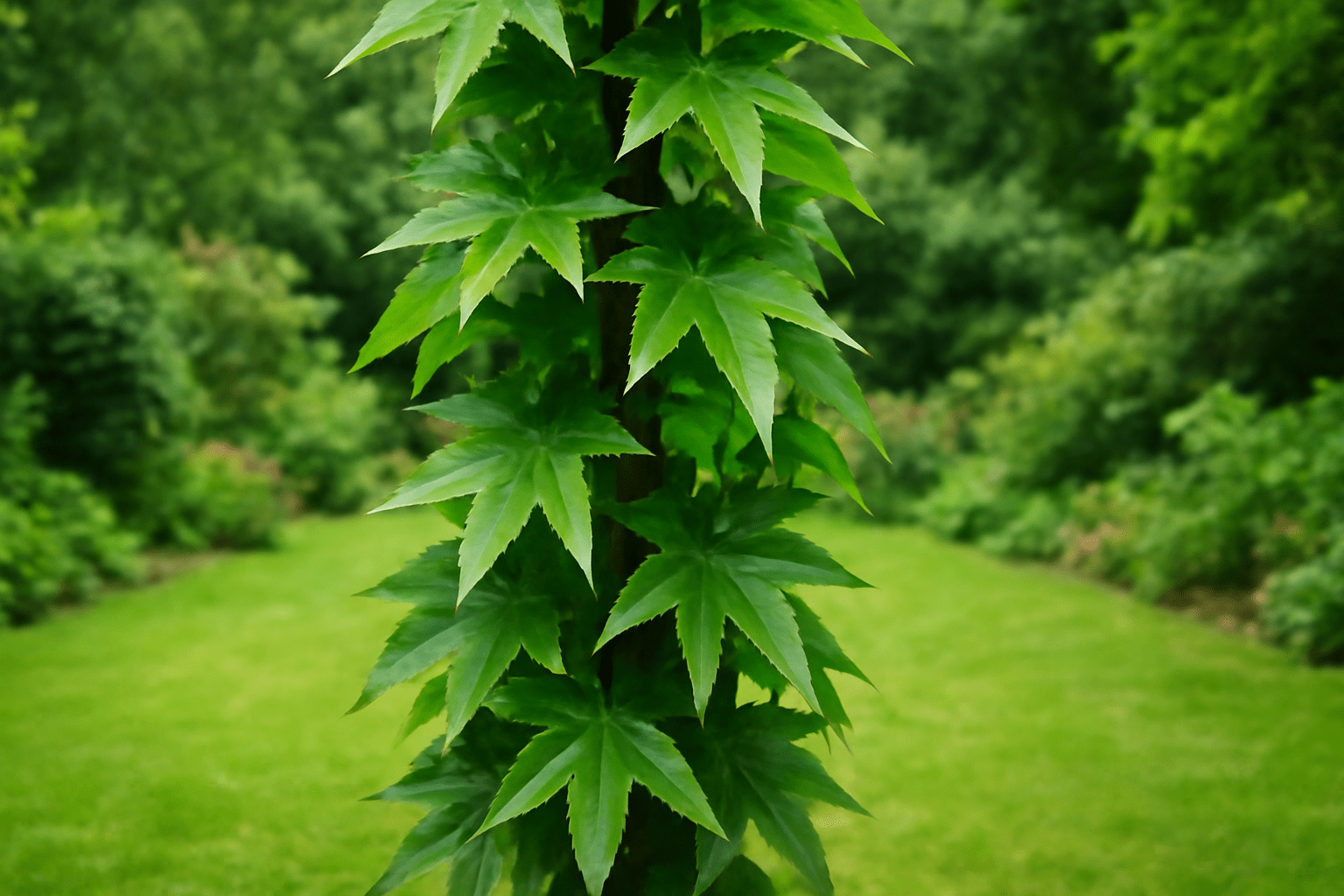 "Close-up of Liquidambar Slender Silhouette Sweetgum Tree showing its narrow form and glossy green leaves."