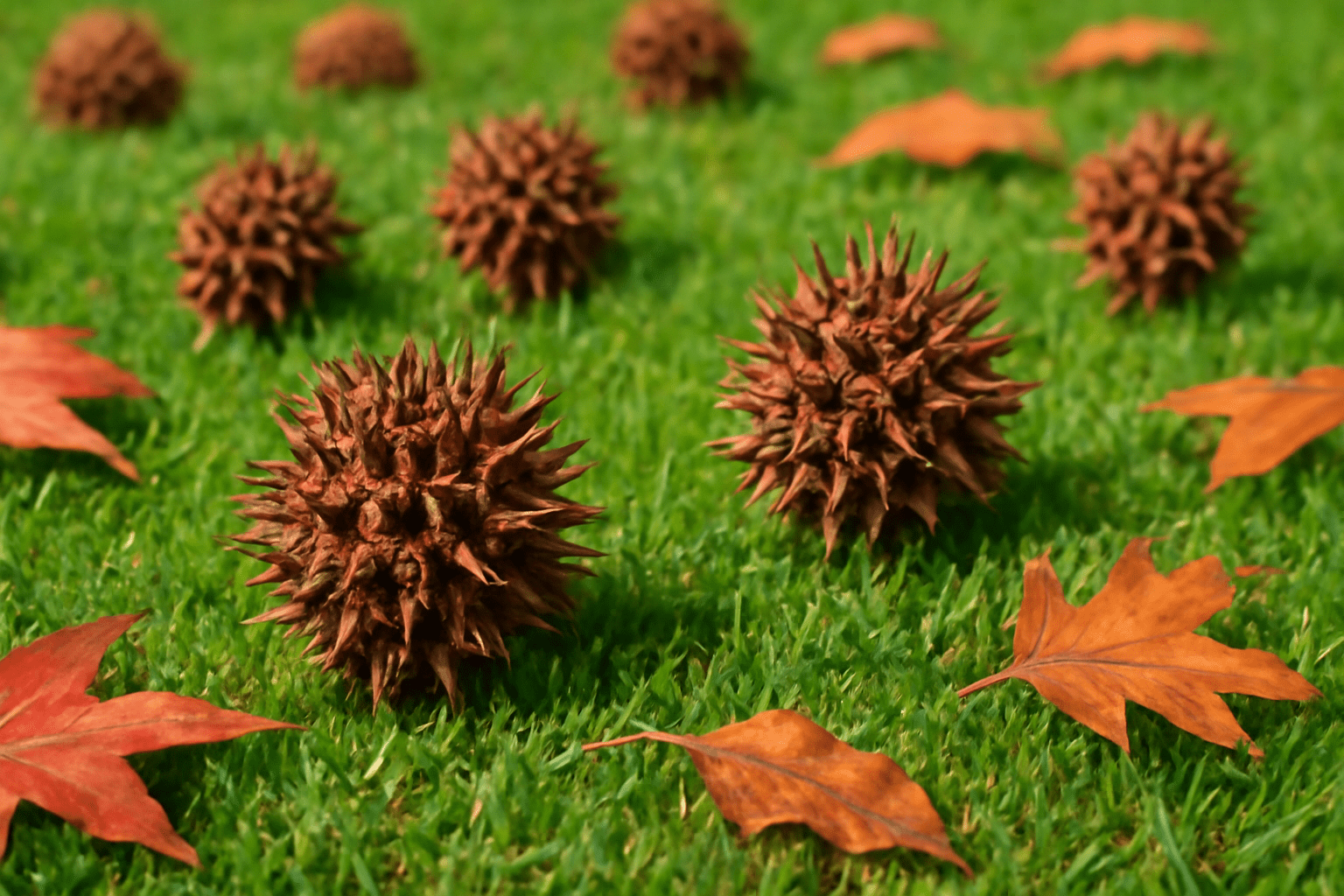 Close-up of sweetgum tree seed pods scattered across a lawn, showing their spiky texture and seasonal drop.
