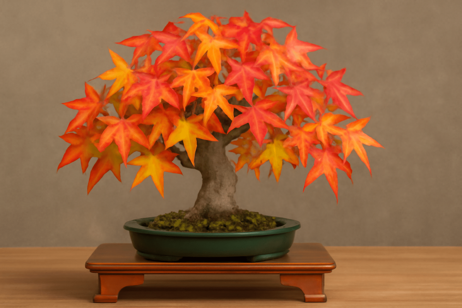 Close-up of an American Sweetgum Bonsai showing its star-shaped leaves with vibrant autumn colors on a bonsai display stand.