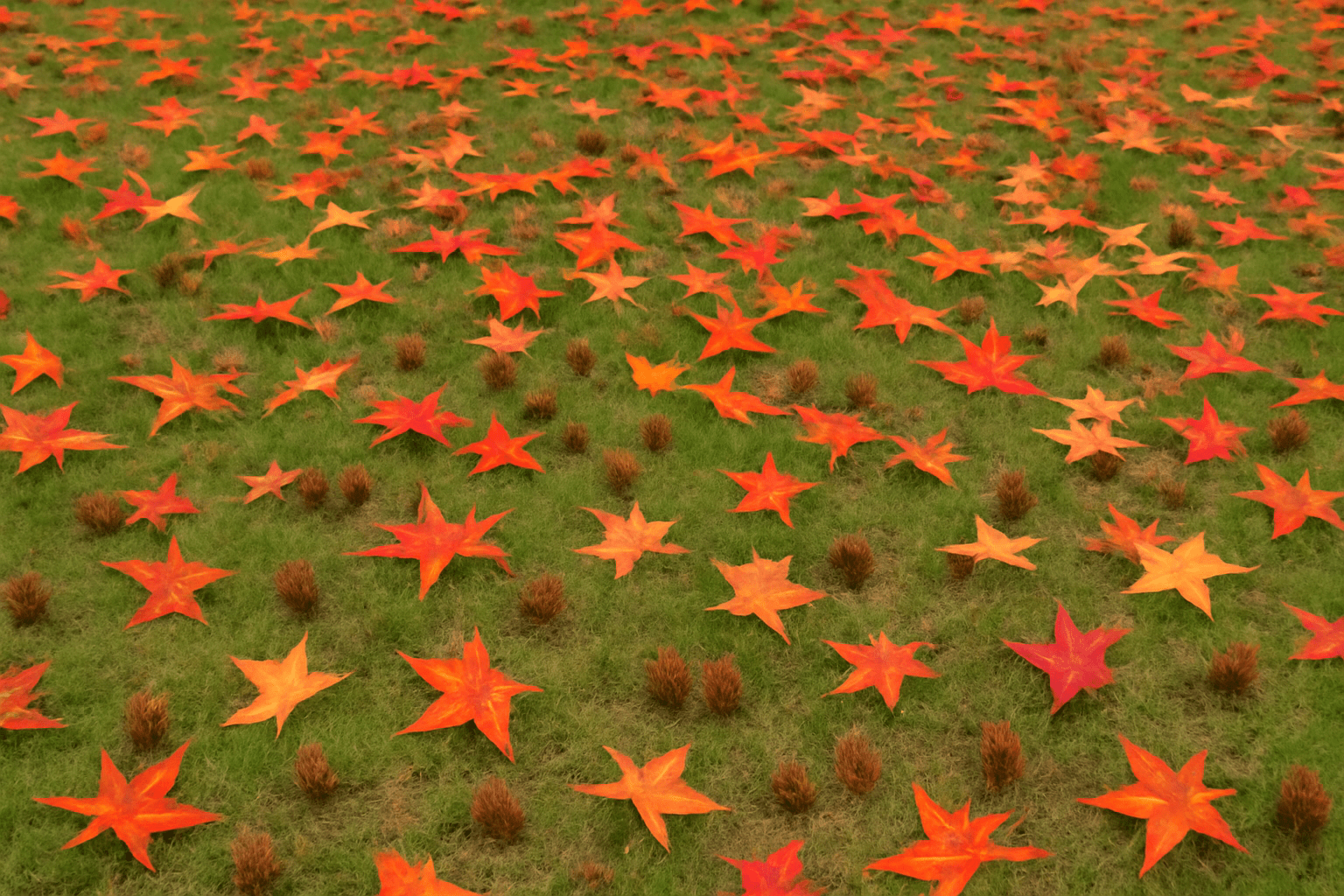 Yard covered with sweetgum leaves and gum balls, illustrating the mess caused by leaf fall and seed pods.