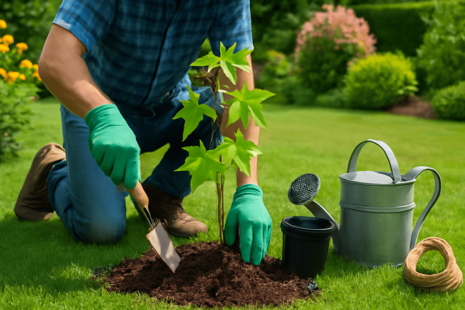 Gardener planting a sweetgum sapling in a sunny yard, with gardening tools ready for use.