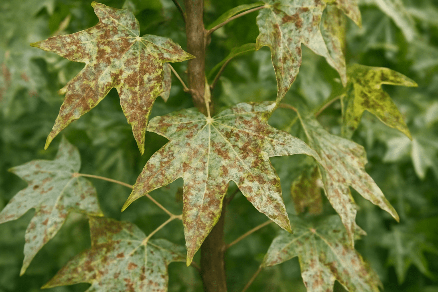 "Close-up of Slender Silhouette Sweetgum tree leaves showing damage from pests and fungal infections."