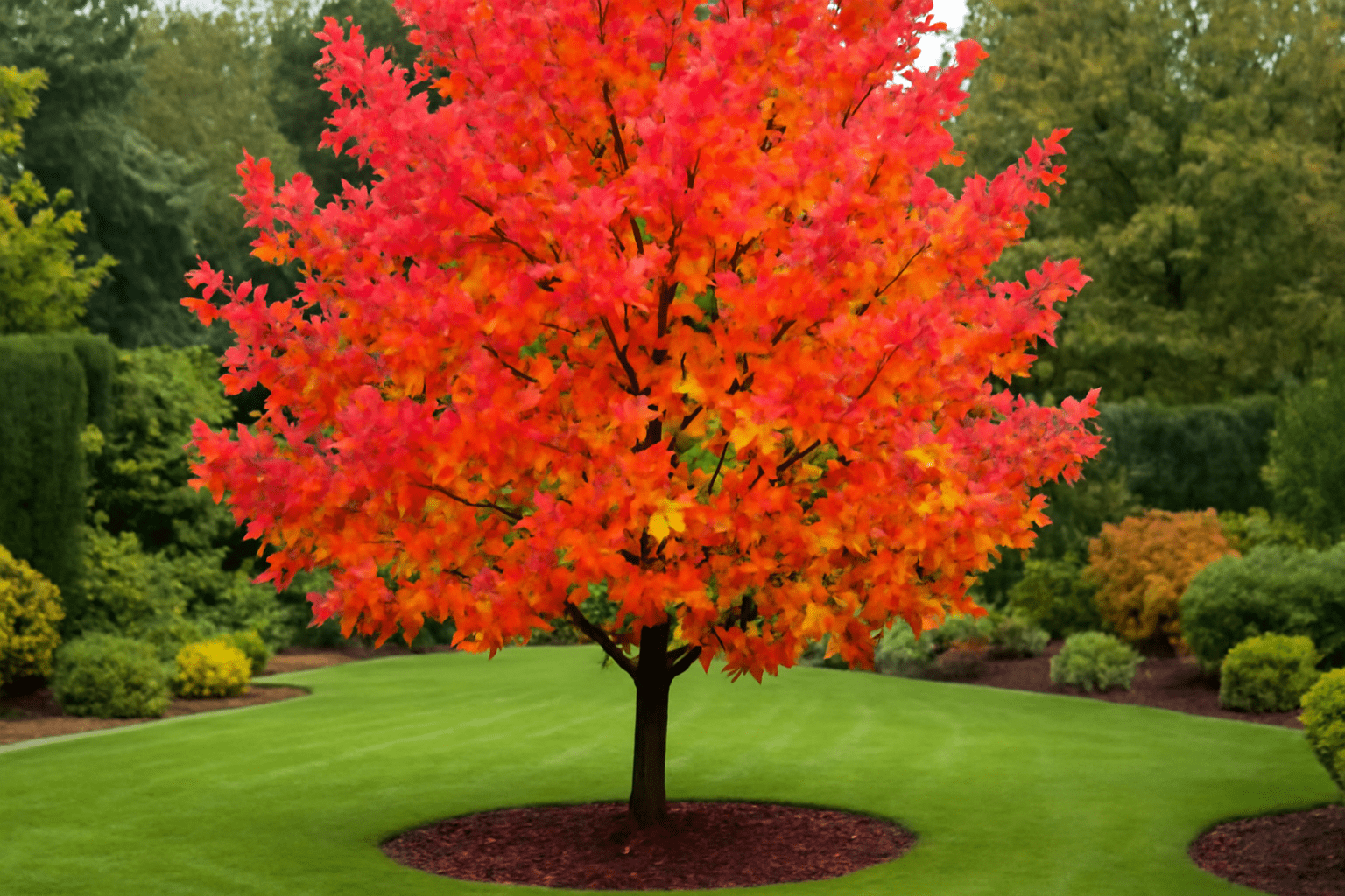 "Cherokee Sweetgum Tree showcasing star-shaped leaves and vibrant fall colors in a landscaped garden."