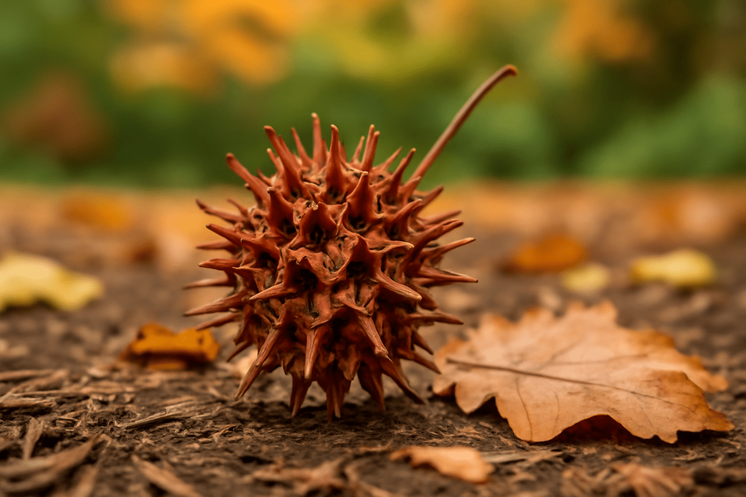 "Close-up of a sweetgum pod with spiky texture on the ground in a garden setting."