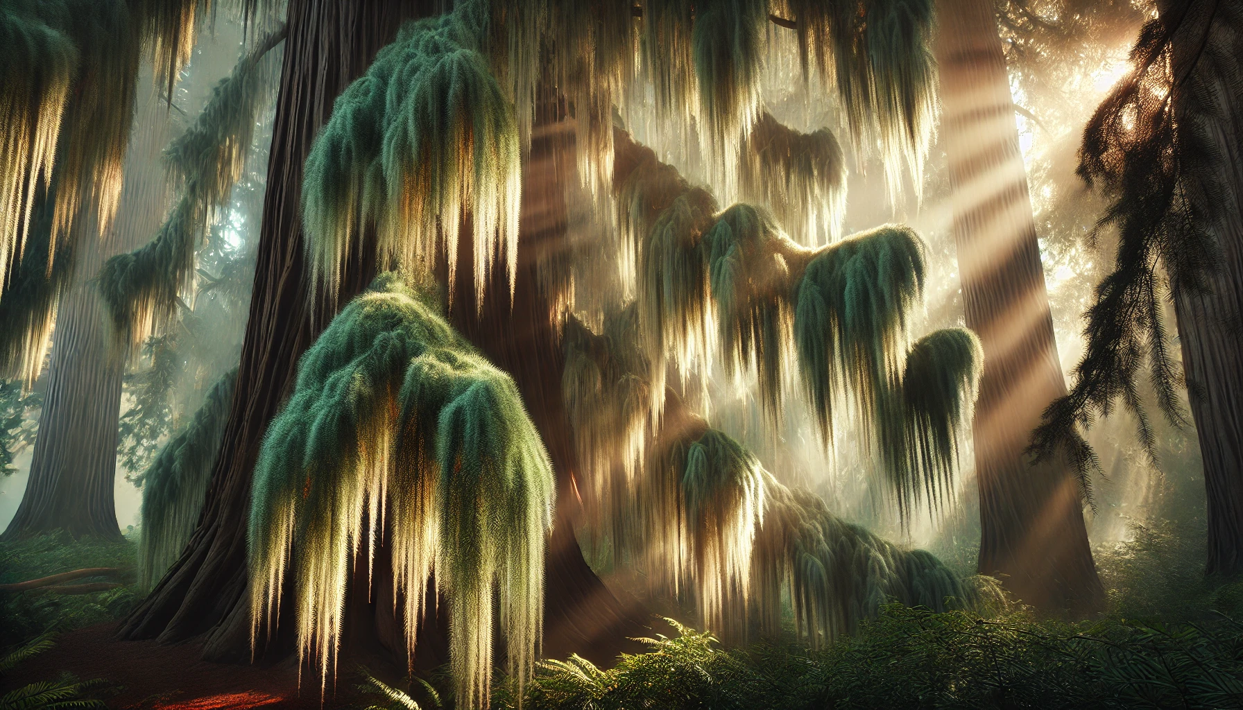 Sunlight streams through misty trees draped in moss, creating a serene, magical forest atmosphere.