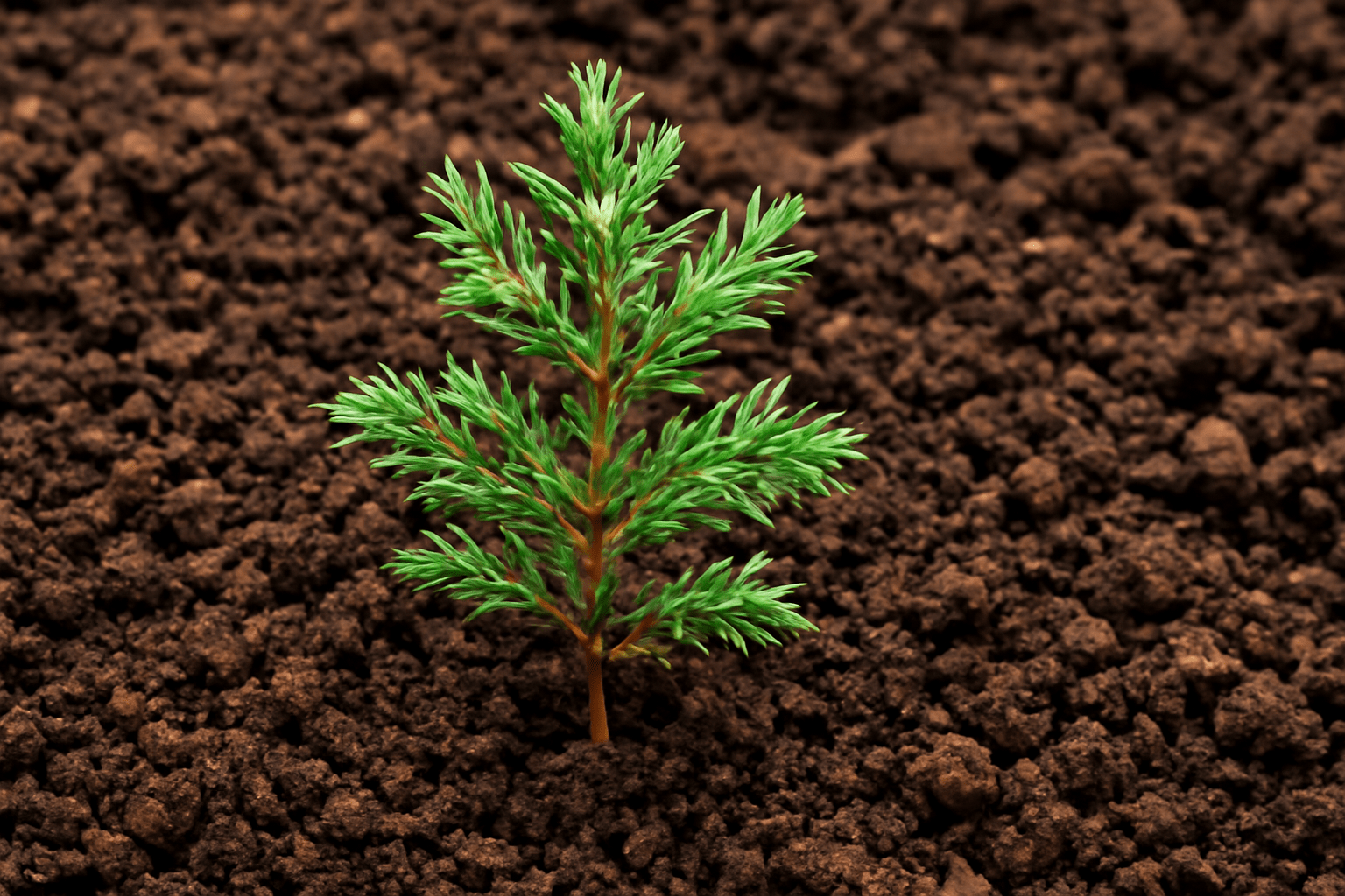 A small evergreen sapling with vibrant green needles grows in rich, dark brown soil, symbolizing new beginnings and growth.