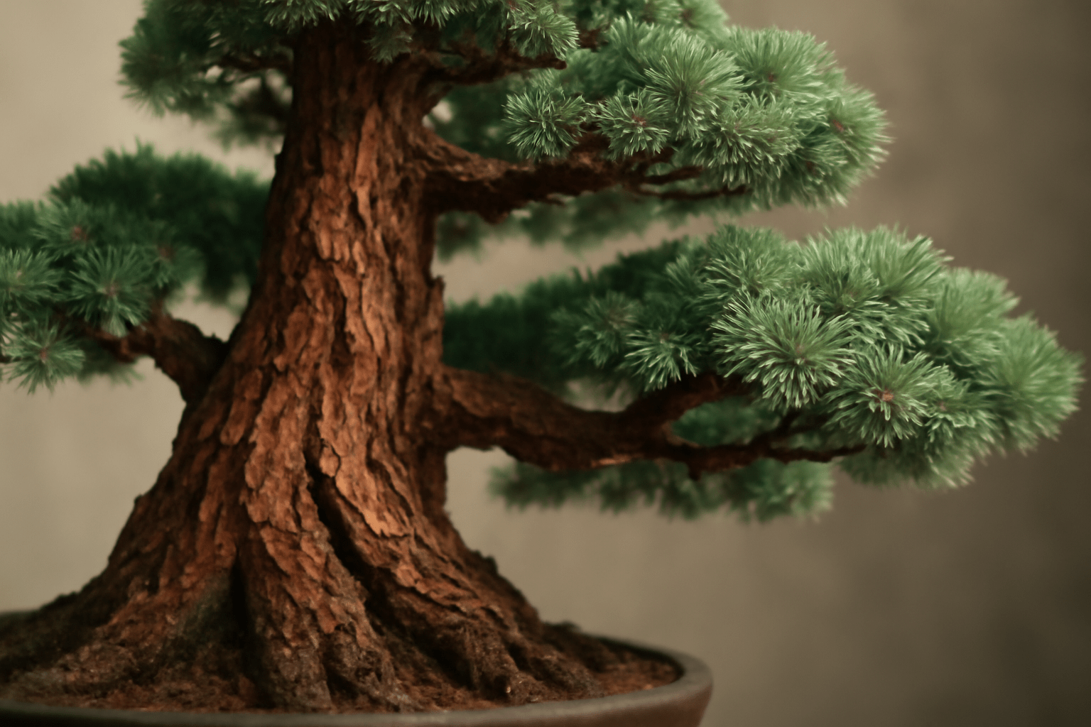 Close-up of a bonsai tree with a thick, textured trunk and dense, vibrant green foliage against a soft, neutral background, conveying tranquility.