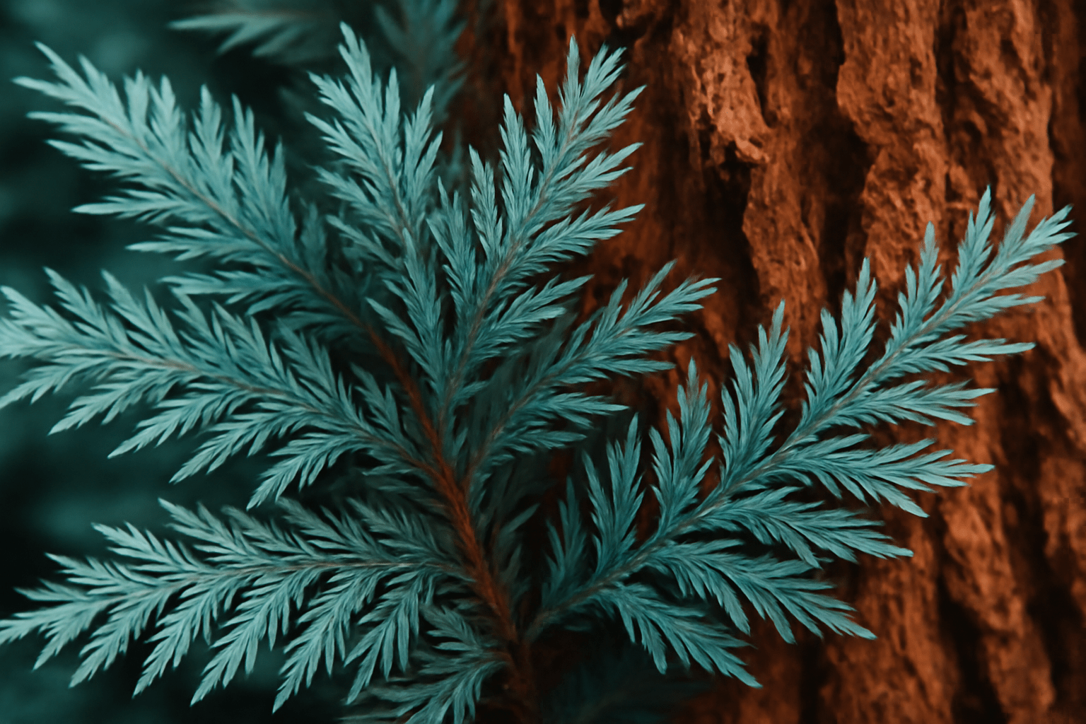 Close-up of green fern leaves against a textured, reddish-brown tree bark. The contrast highlights the leaves' delicate and feathery appearance.