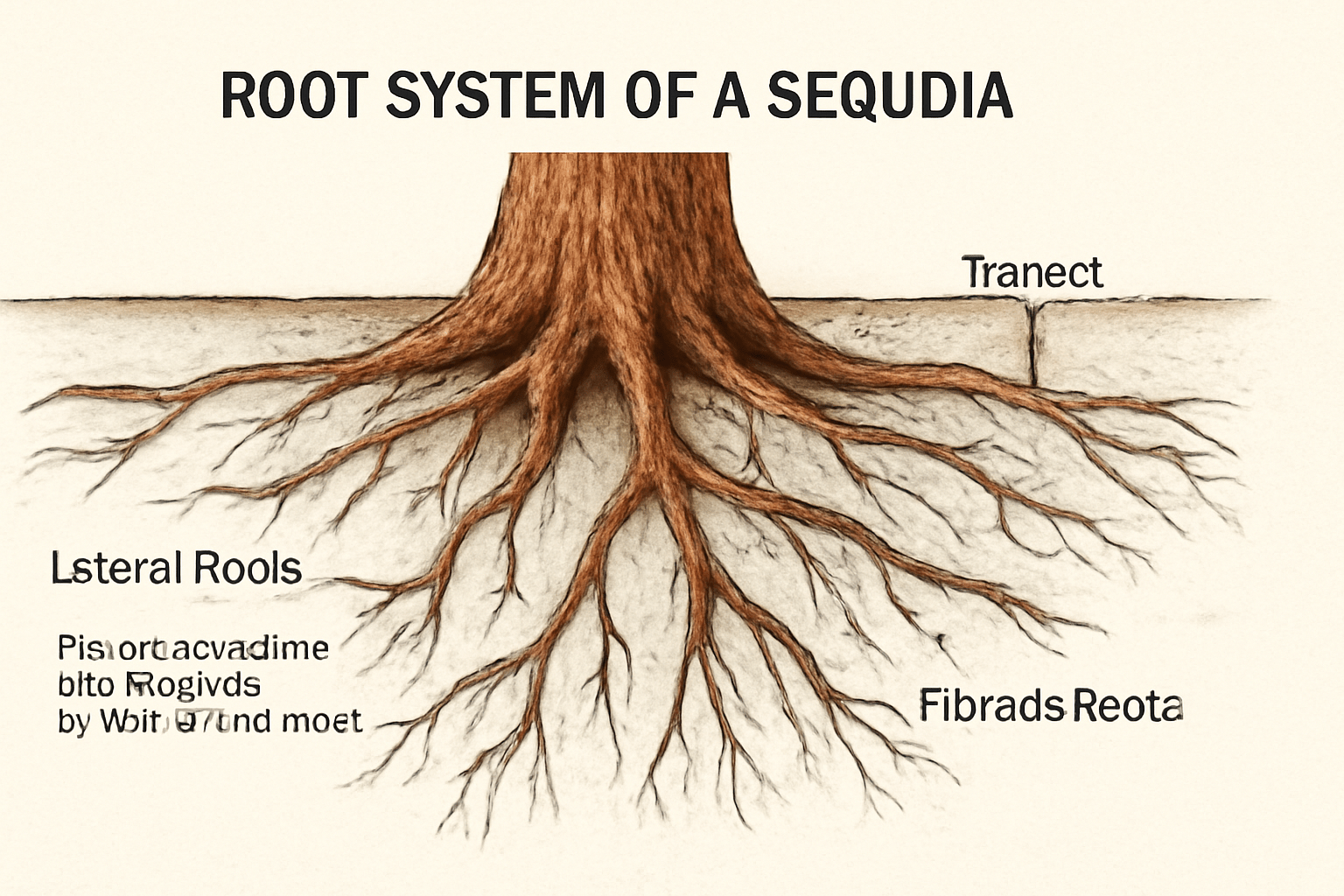 Illustration of a tree root system labeled with distorted text. Main roots spread laterally under the soil surface. Tone is educational yet misleading.