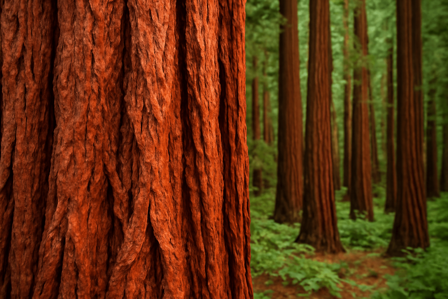 Close-up of a textured redwood tree trunk on the left with a lush, green forest of towering redwoods in the background, conveying tranquility.