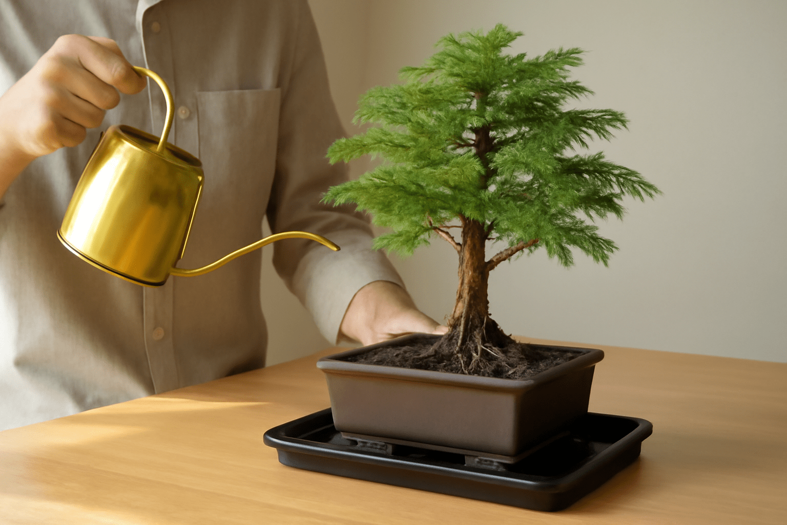 Person watering a small green bonsai tree in a brown pot using a gold watering can. The scene conveys care and tranquility on a wooden table.