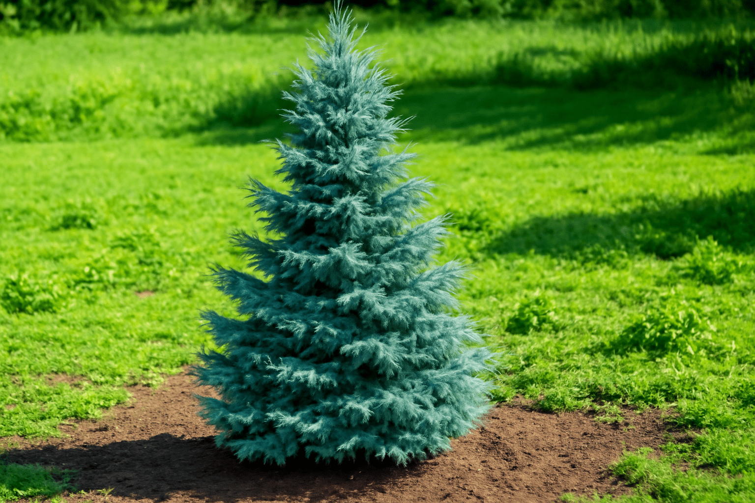 A lush blue-green conifer tree stands on a patch of bare soil, surrounded by vibrant green grass. The scene conveys a fresh, serene summer atmosphere.