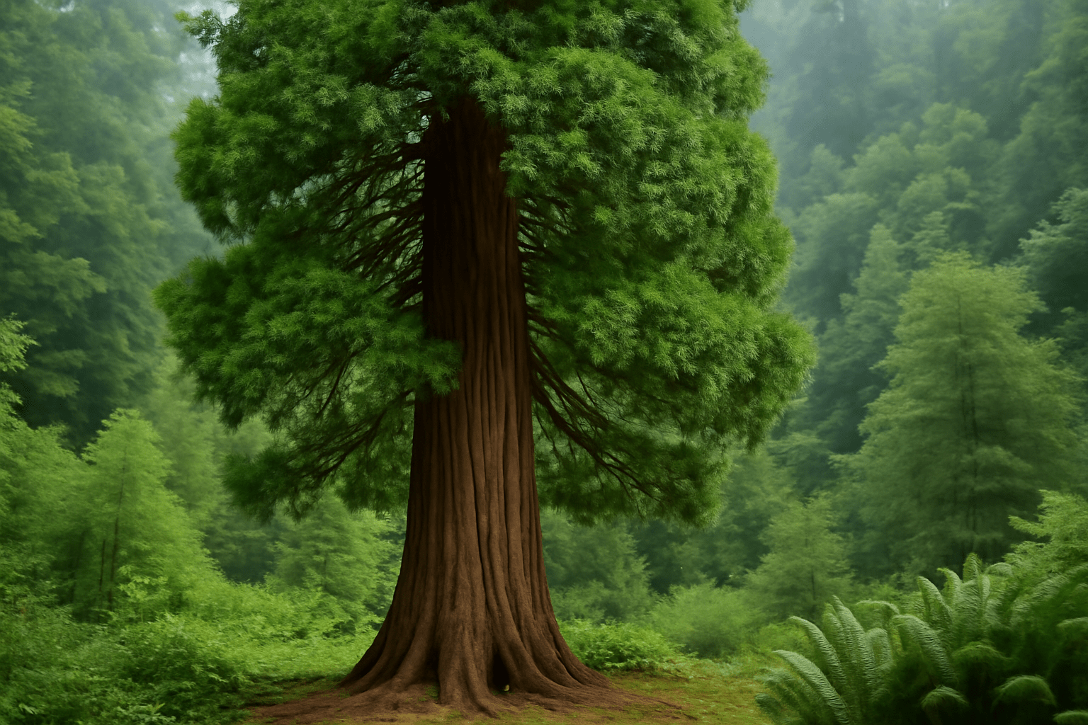 A towering sequoia stands majestically in a dense, misty forest. Its lush green foliage contrasts with the rich, textured bark. The scene feels serene and timeless.