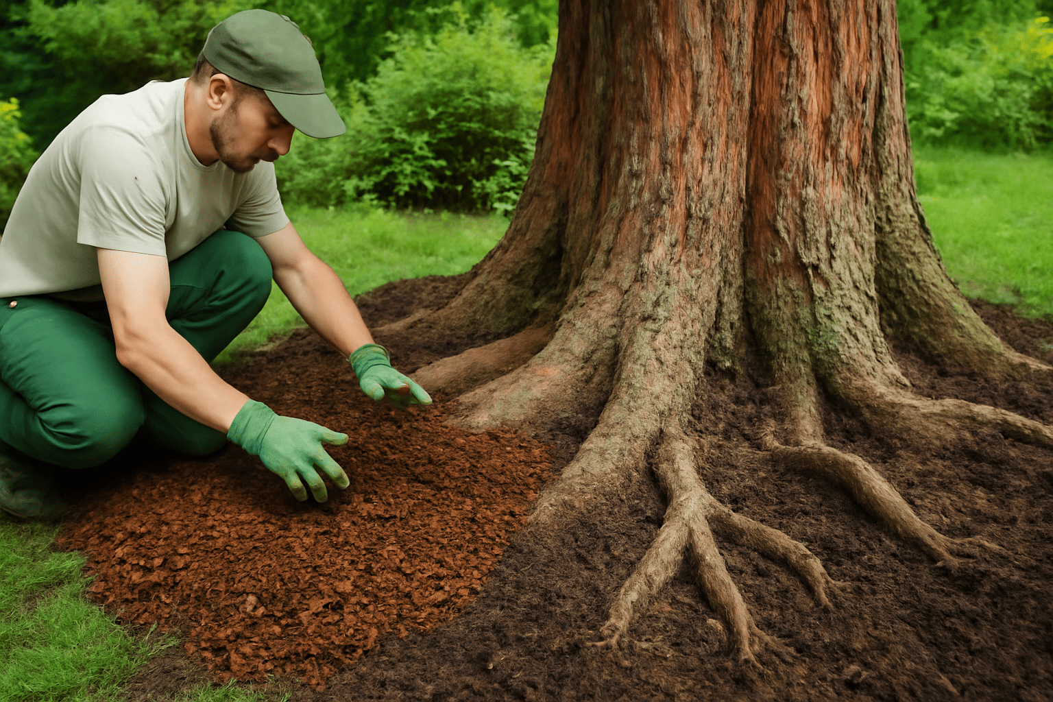 A man in a cap and gloves carefully spreads mulch around the base of a large tree in a lush garden. The scene conveys care and attention.