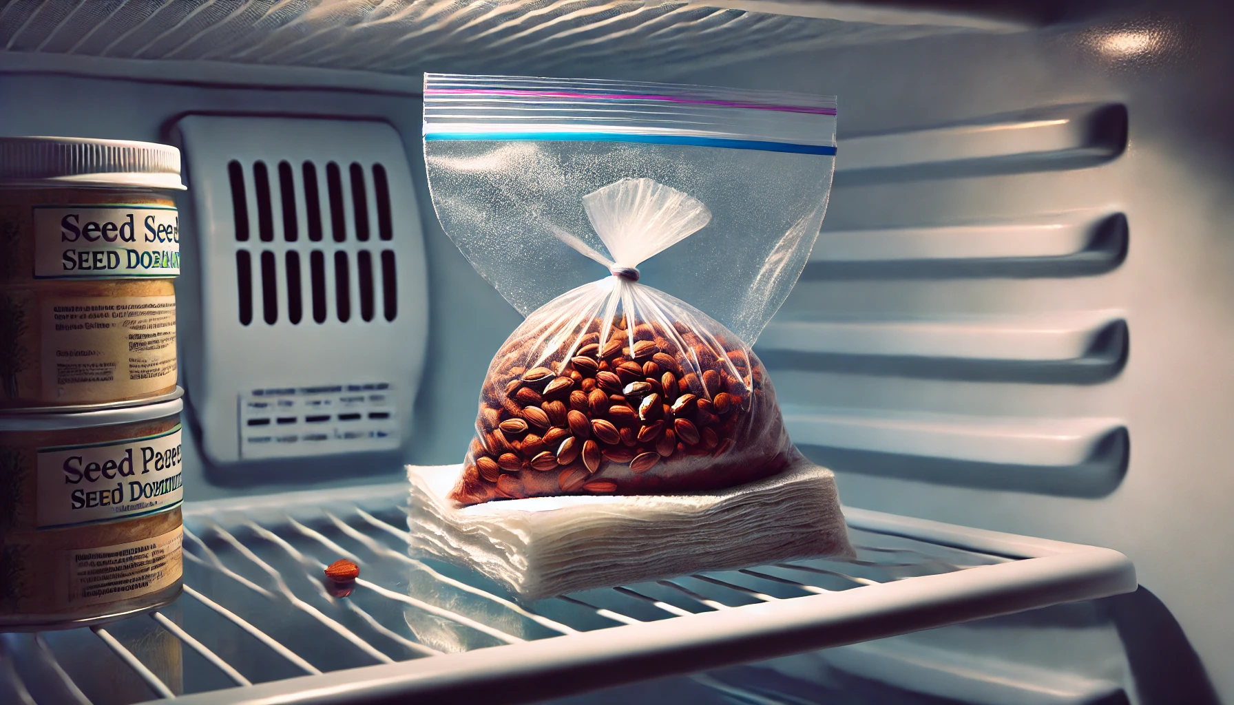 A resealable bag of almonds sits on a paper towel inside a refrigerator, alongside two jars labeled "Seed."