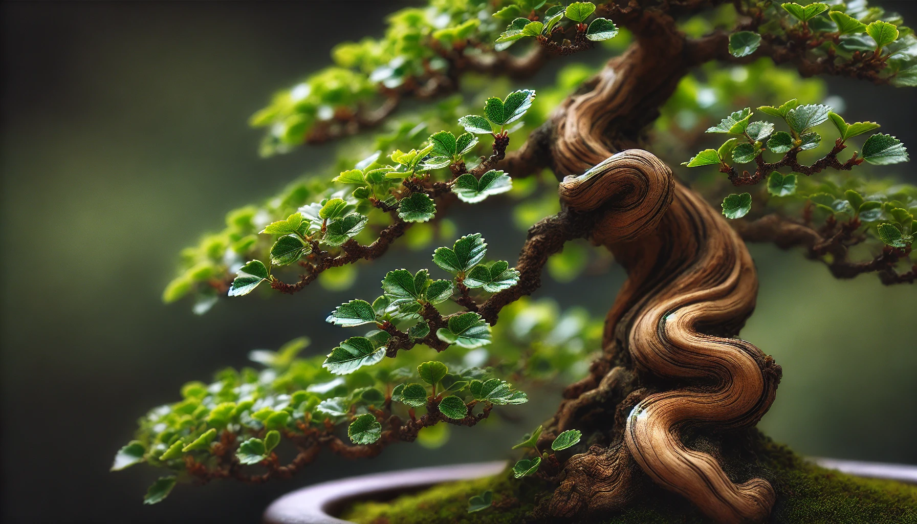 A close-up of a twisting bonsai tree with lush green leaves, highlighting its intricate bark and elegant form against a dark background.