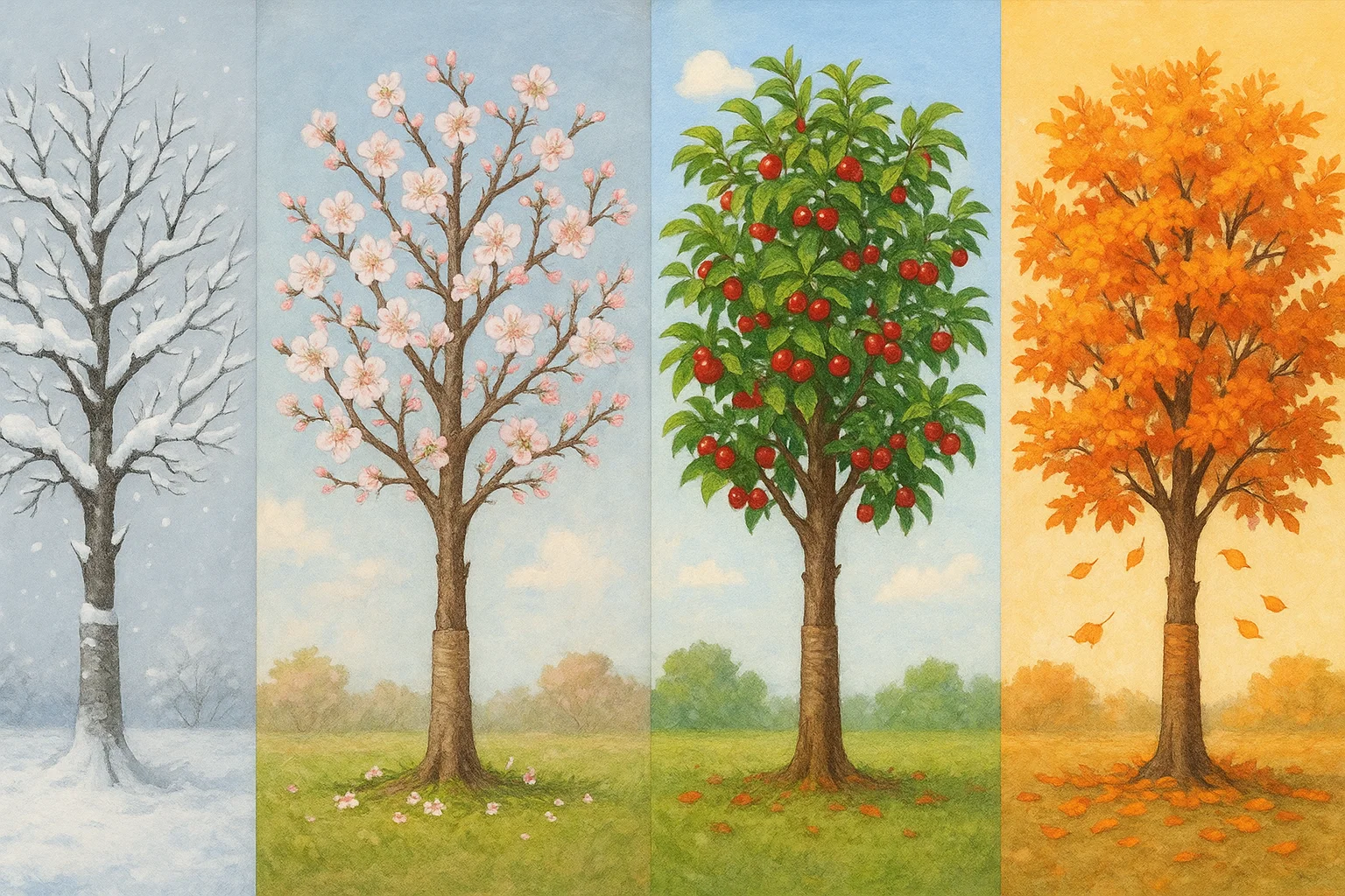 A landscape painting depicting four trees, each representing a different season: spring, summer, autumn, and winter. The sky is visible above the trees, with green grass in the foreground.