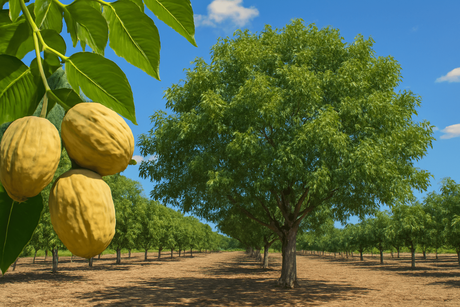  "Chandler Walnut tree in an orchard with large, light-colored walnuts, ideal for high nut production."