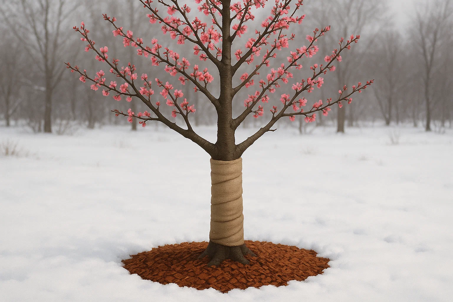 A tree with pink flowers adorning its branches, surrounded by a foggy outdoor winter landscape.
