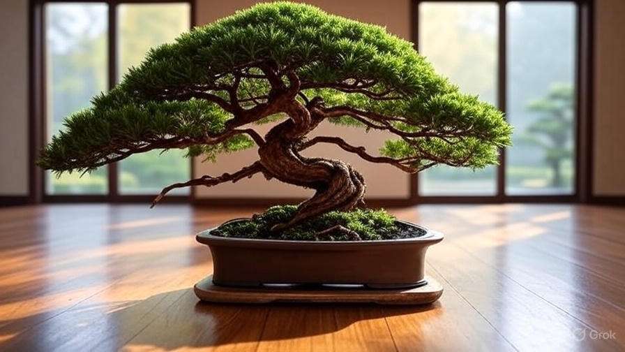 A small bonsai tree in a pot sits on a wooden floor, showcasing its intricate branches and lush green leaves.