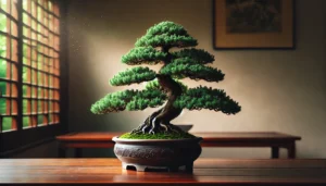 A small bonsai tree in a decorative pot, positioned indoors against a wall. The plant features lush green leaves and is contained within a flowerpot, adding an element of nature to the indoor space.