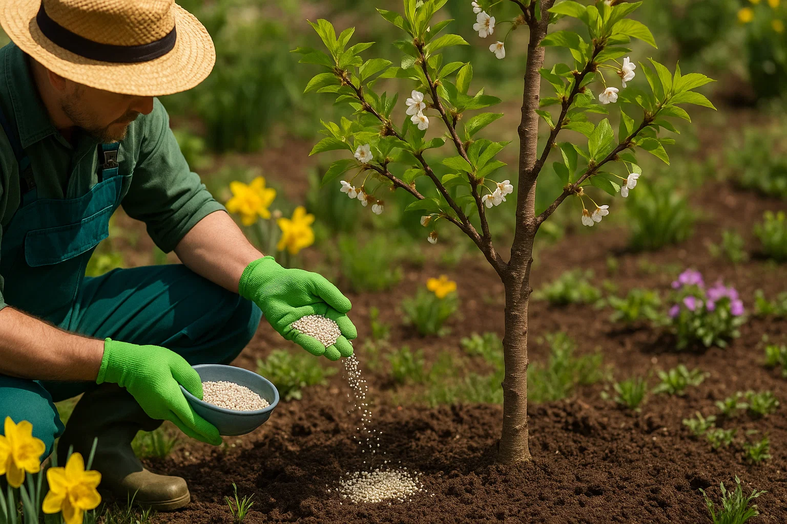 A person wearing a sun hat is planting a young tree into the soil in an outdoor garden. The individual appears focused on their task, surrounded by various plants and flowers.
