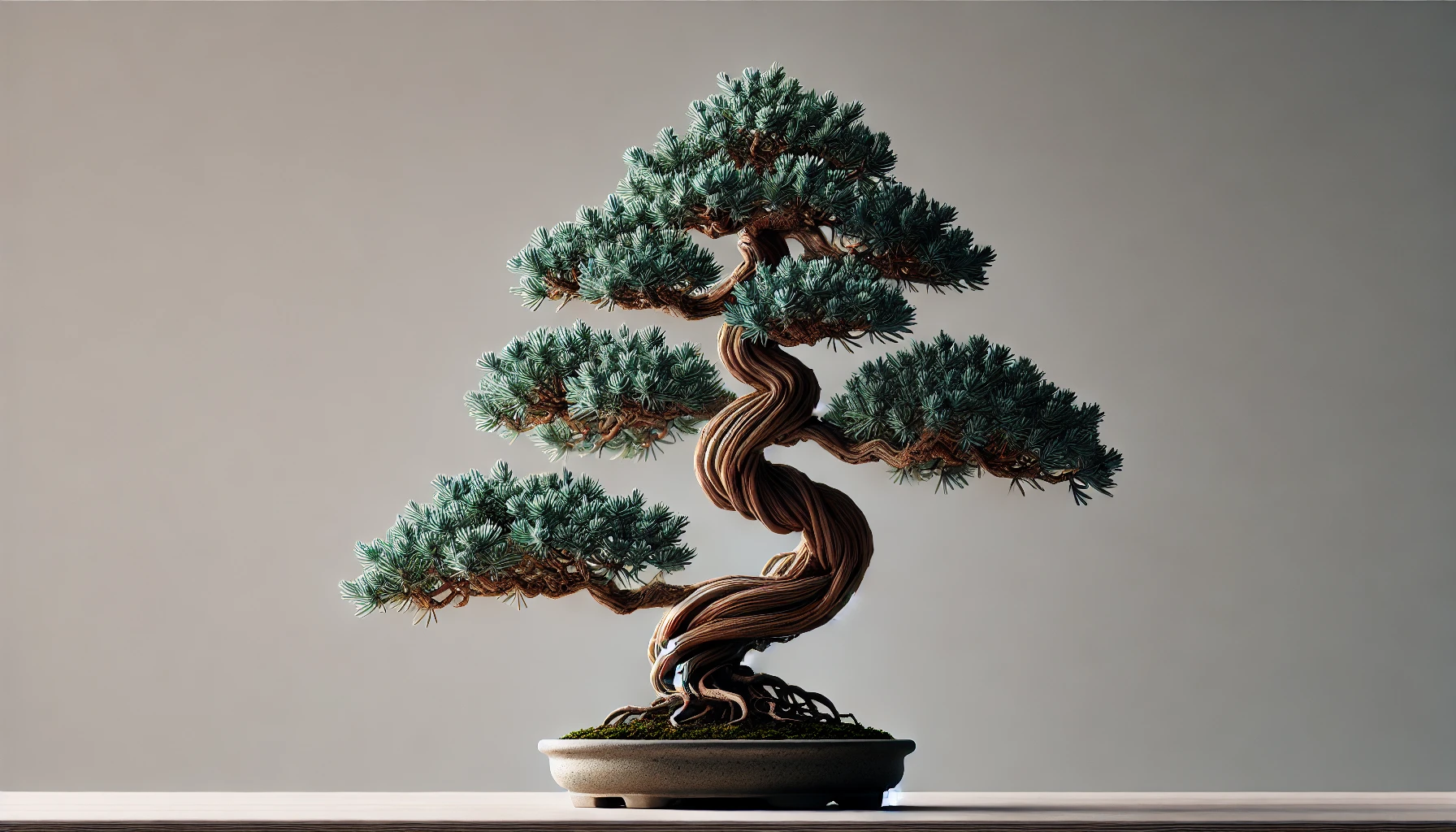 A small bonsai tree with intricate, delicate branches and green leaves, planted in a decorative pot.