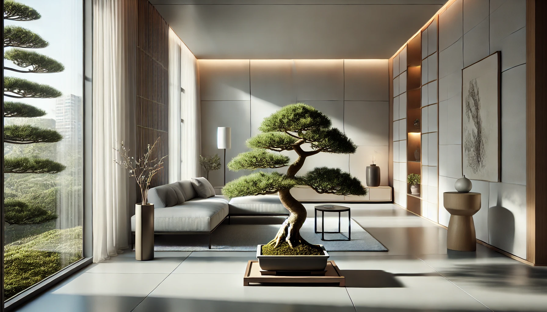A small bonsai tree placed in a room featuring a wall, a window, and furniture including a couch and coffee table. A vase and flowerpot are also present in the interior design.