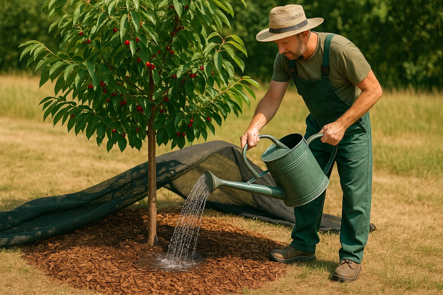 A man in a hat waters a tree in a grassy park. He is dressed casually and stands on the ground, using a watering can to nurture the plant.