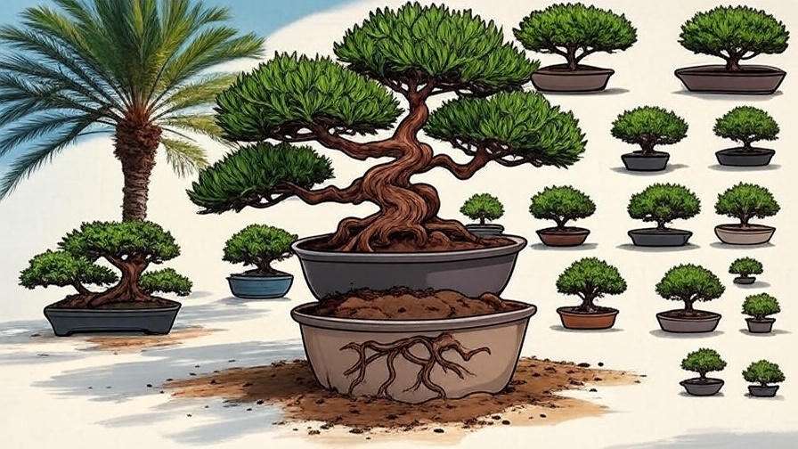 A potted bonsai tree next to a palm tree, highlighting the unique shapes and textures of both plants.